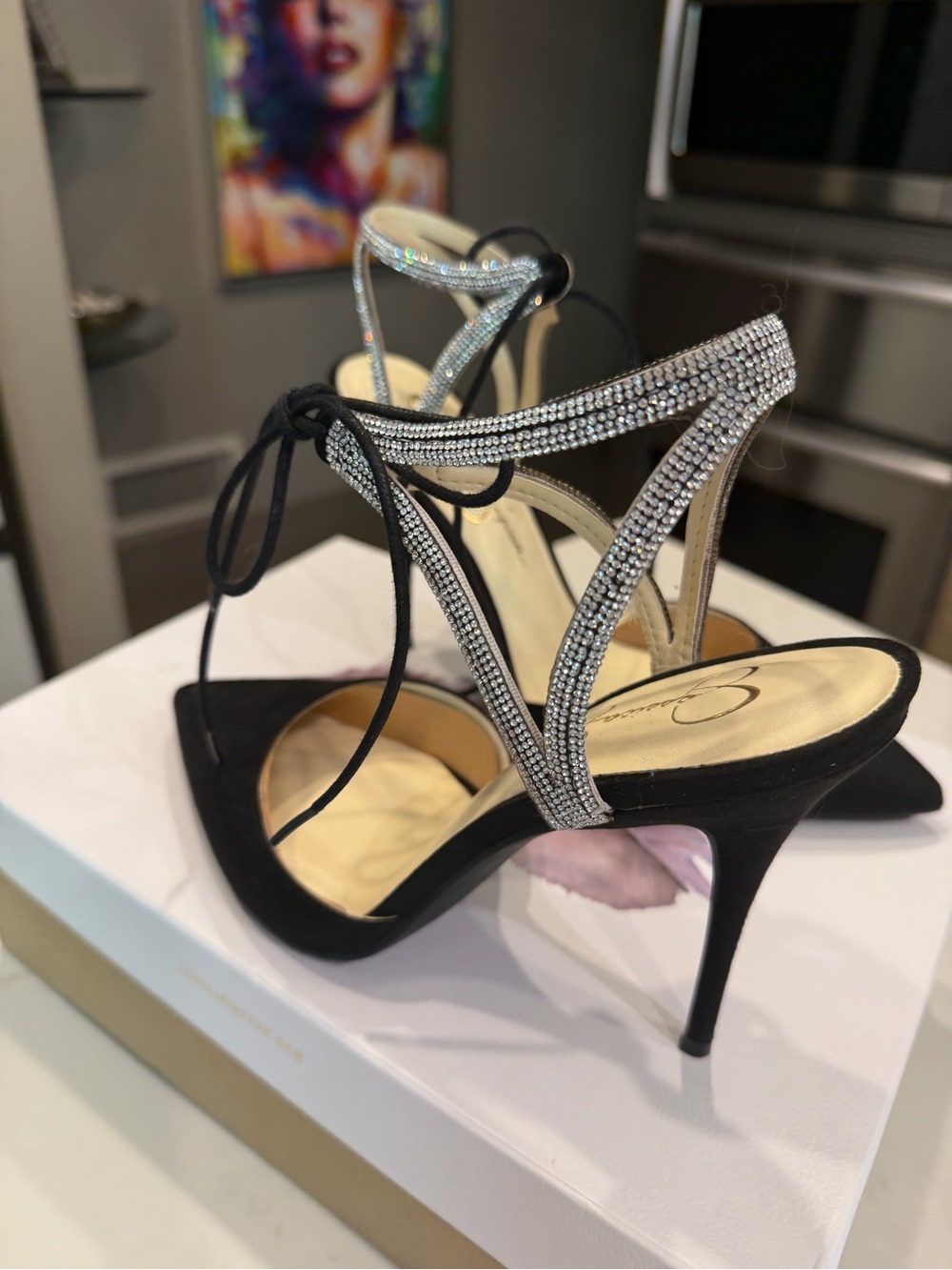 🆕 Jessica Simpson Black Suede Pointed Toe Rhinestone Ankle Tie Heels - Picture 8 of 17